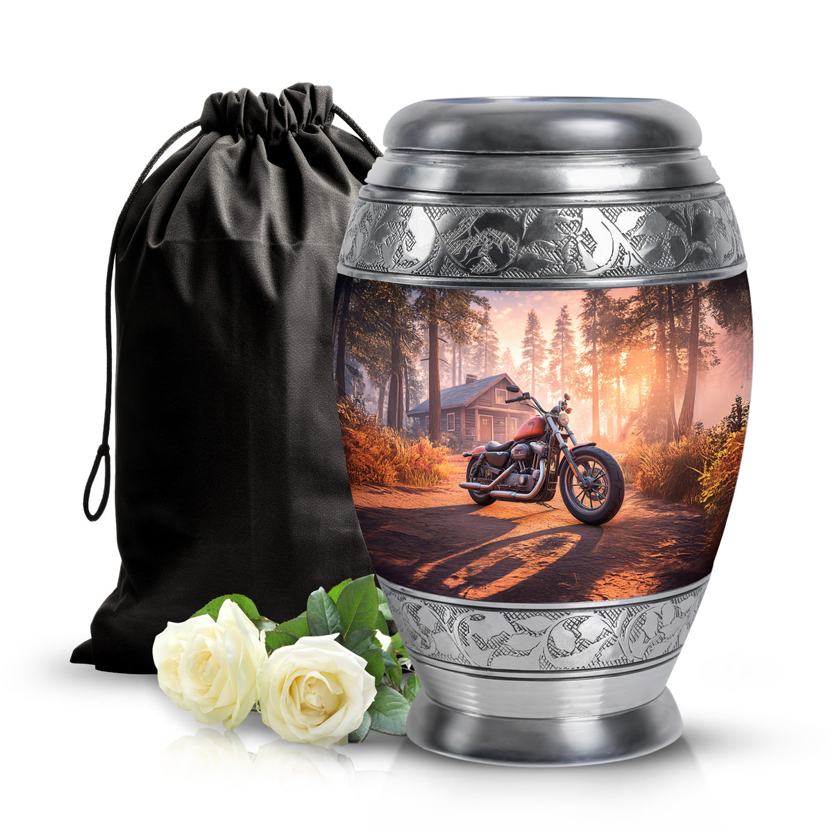 Crimson Red Bike Cremation Urn back view with polished surface - regal bike design with crown-inspired accents - full-size 10 inch 200 cubic inch adult cremation urn