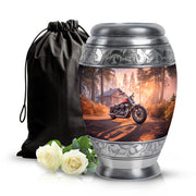 Crimson Red Bike Cremation Urn back view with polished surface - regal bike design with crown-inspired accents - full-size 10 inch 200 cubic inch adult cremation urn