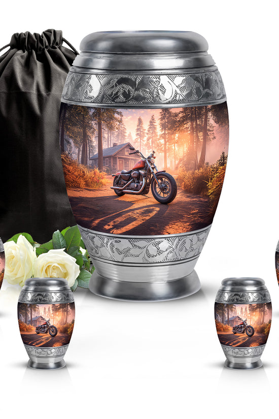 Burgundy Red Bike Cremation Urn detail view - regal bike design with crown-inspired accents - memorial set with one large and four small urns