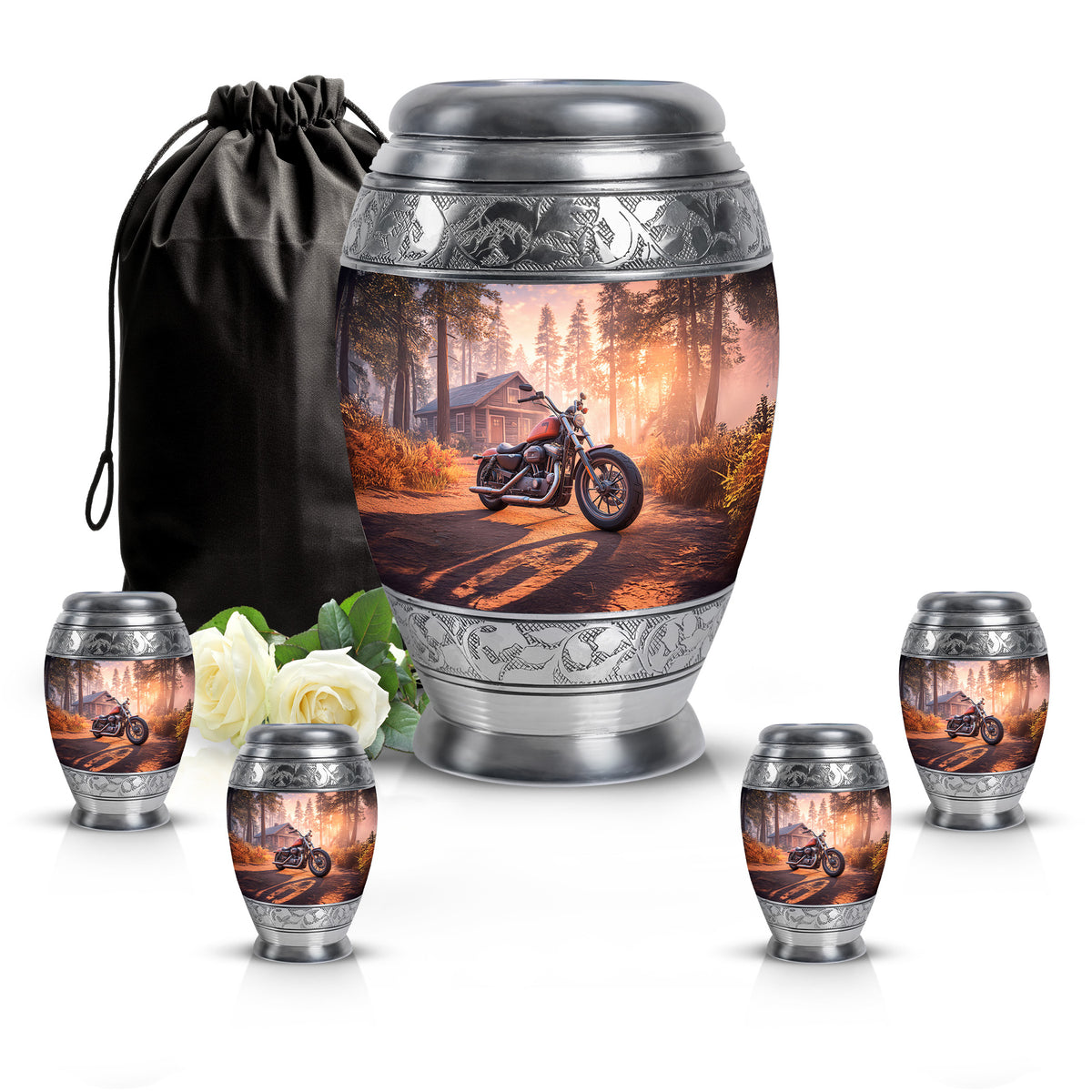 Burgundy Red Bike Cremation Urn detail view - regal bike design with crown-inspired accents - memorial set with one large and four small urns