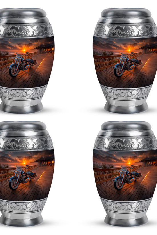 Onyx Black Bike Cremation Urn urn with complimentary velvet bag - majestic bike pattern with filigree border - 10 inch aluminum urn for cremated remains