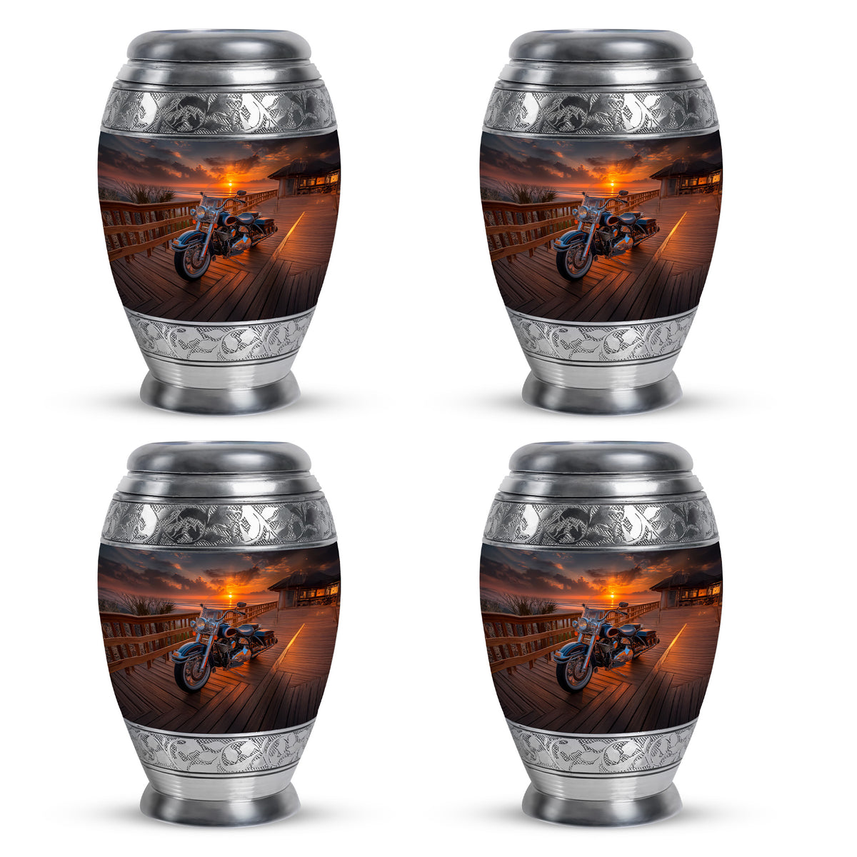 Onyx Black Bike Cremation Urn urn with complimentary velvet bag - majestic bike pattern with filigree border - 10 inch aluminum urn for cremated remains