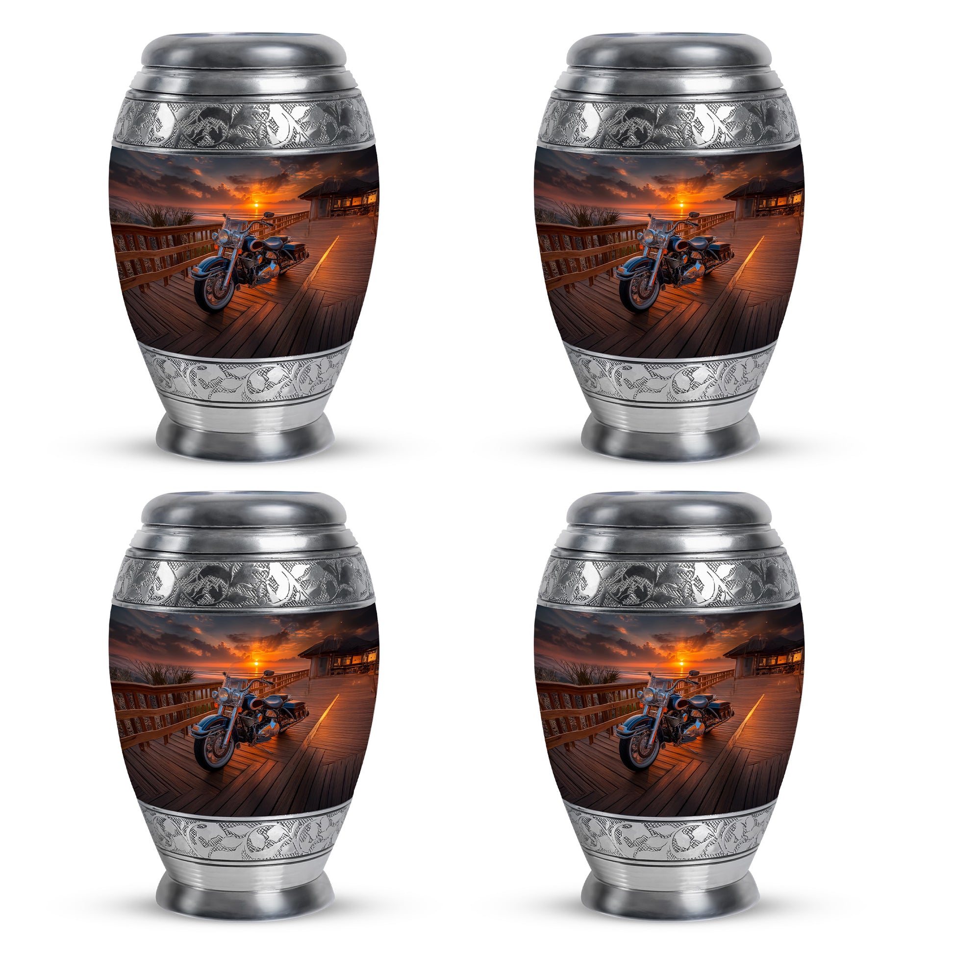 Onyx Black Bike Cremation Urn urn with complimentary velvet bag - majestic bike pattern with filigree border - 10 inch aluminum urn for cremated remains