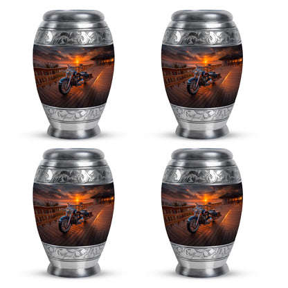 Onyx Black Bike Cremation Urn urn with complimentary velvet bag - majestic bike pattern with filigree border - 10 inch aluminum urn for cremated remains