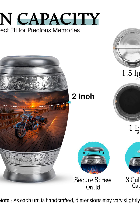 Ebony Bike Cremation Urn lifestyle display on memorial shelf - ornate monarch-style bike relief on brushed aluminum - mini keepsake memorial for portion of cremation ashes