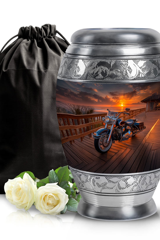 Obsidian Black Bike Cremation Urn back view with polished surface - majestic bike pattern with filigree border - full-size 10 inch 200 cubic inch adult cremation urn
