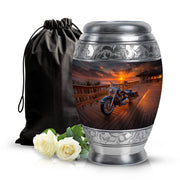 Obsidian Black Bike Cremation Urn back view with polished surface - majestic bike pattern with filigree border - full-size 10 inch 200 cubic inch adult cremation urn