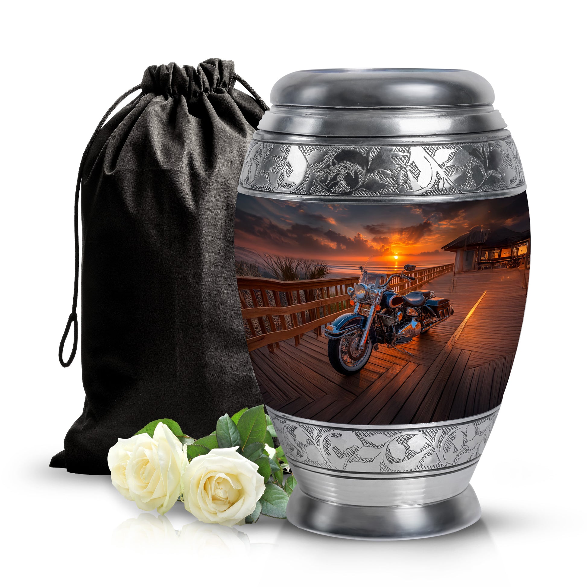 Obsidian Black Bike Cremation Urn back view with polished surface - majestic bike pattern with filigree border - full-size 10 inch 200 cubic inch adult cremation urn