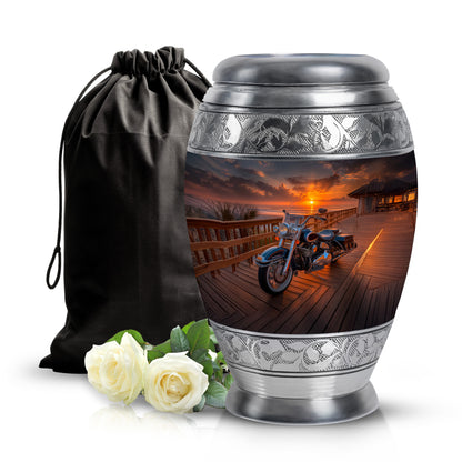 Obsidian Black Bike Cremation Urn back view with polished surface - majestic bike pattern with filigree border - full-size 10 inch 200 cubic inch adult cremation urn