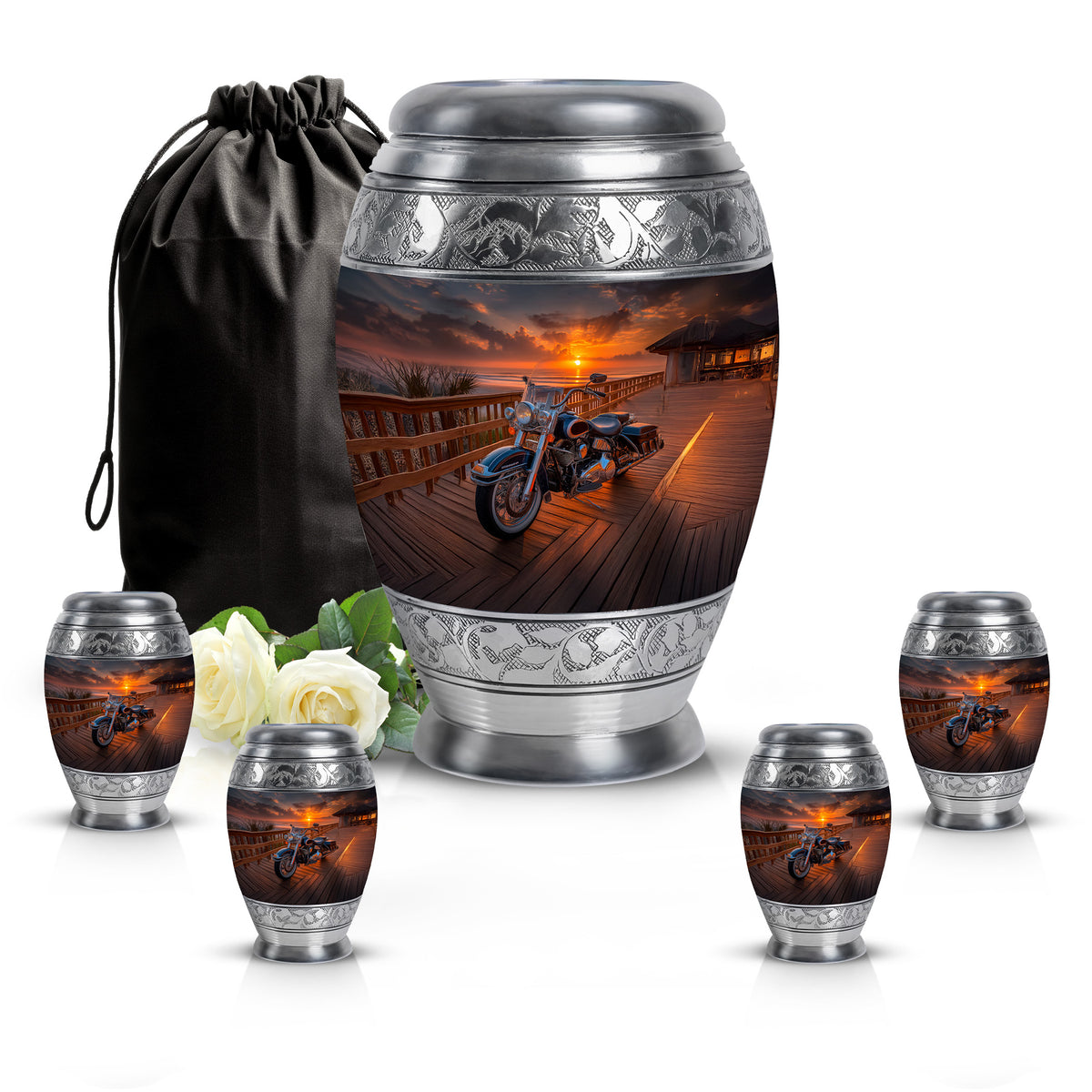 Obsidian Black Bike Cremation Urn detail view - royal bike engraving with decorative scrollwork - memorial set with one large and four small urns
