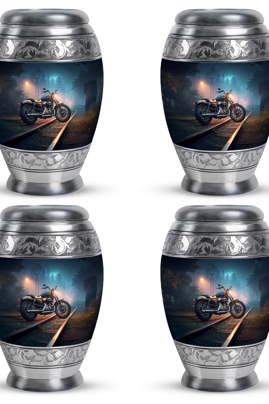 Navy Blue Bike Cremation Urn urn with complimentary velvet bag - regal bike design with crown-inspired accents - 10 inch aluminum urn for cremated remains