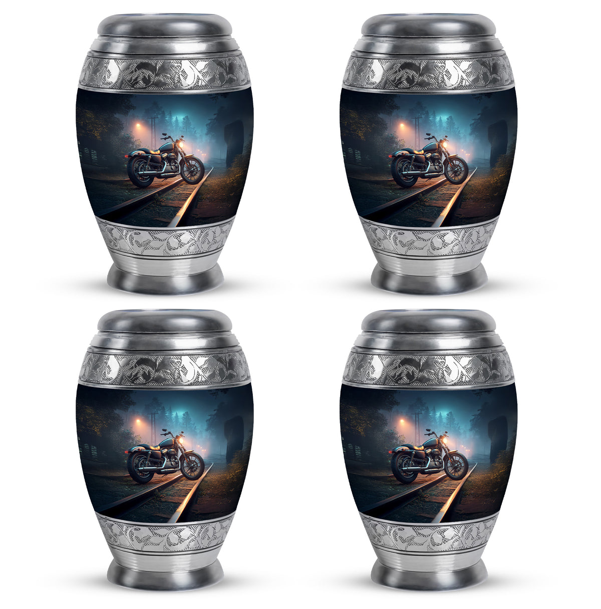 Navy Blue Bike Cremation Urn urn with complimentary velvet bag - regal bike design with crown-inspired accents - 10 inch aluminum urn for cremated remains