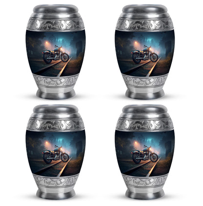 Navy Blue Bike Cremation Urn urn with complimentary velvet bag - regal bike design with crown-inspired accents - 10 inch aluminum urn for cremated remains