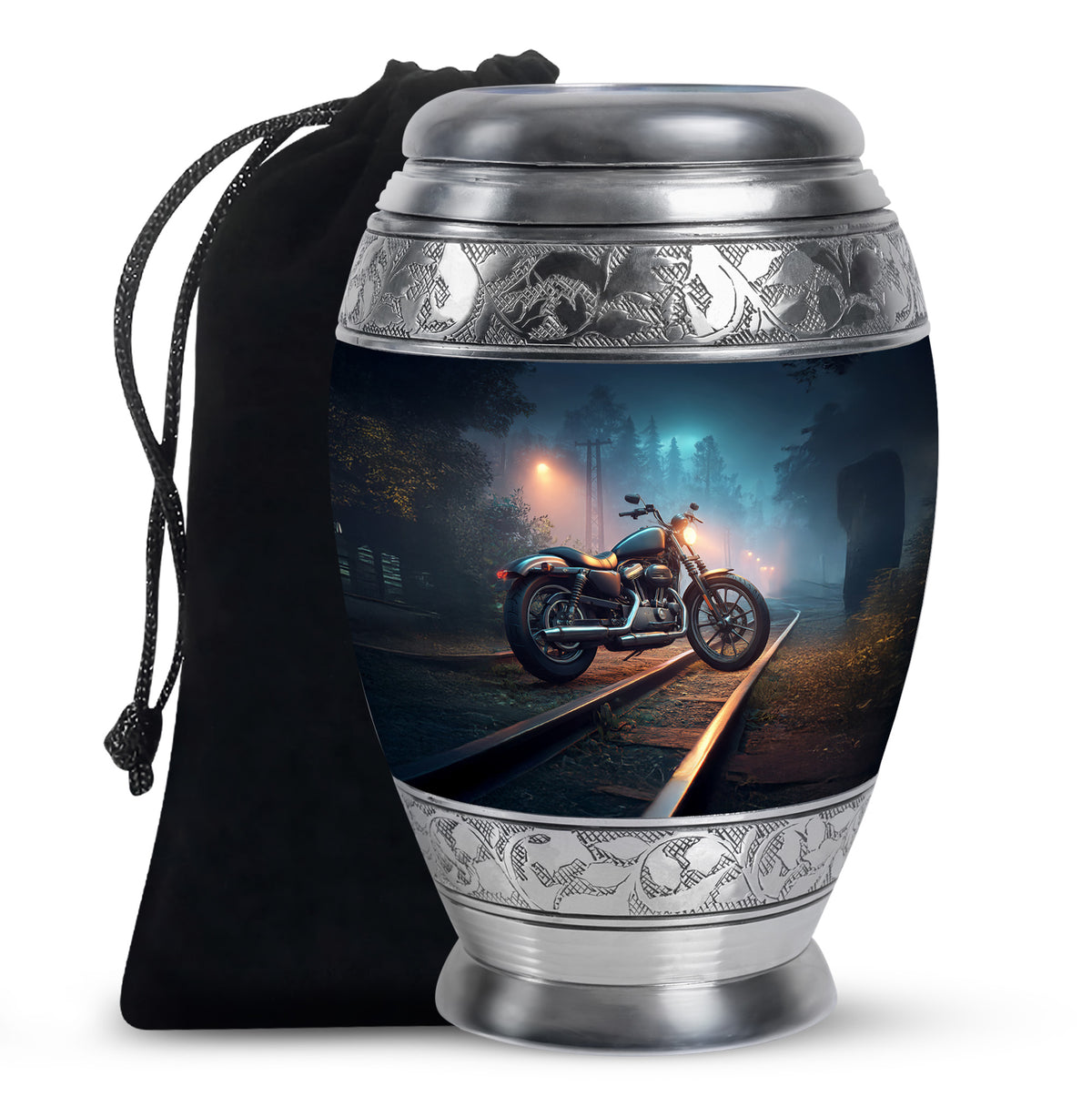 Indigo Bike Cremation Urn back view with polished surface - ornate monarch-style bike relief on brushed aluminum - full-size 10 inch 200 cubic inch adult cremation urn