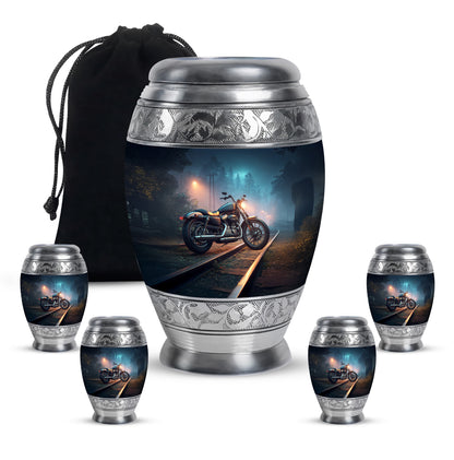 Bright Blue Bike Cremation Urn detail view - royal bike engraving with decorative scrollwork - memorial set with one large and four small urns