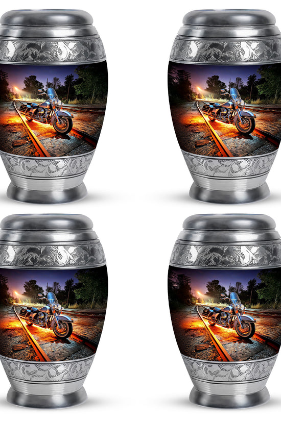 Icy Blue Bike Cremation Urn urn with complimentary velvet bag - regal bike design with crown-inspired accents - 10 inch aluminum urn for cremated remains