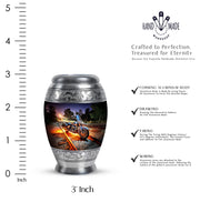 Slate Blue Bike Cremation Urn lifestyle display on memorial shelf - regal bike design with crown-inspired accents - mini keepsake memorial for portion of cremation ashes