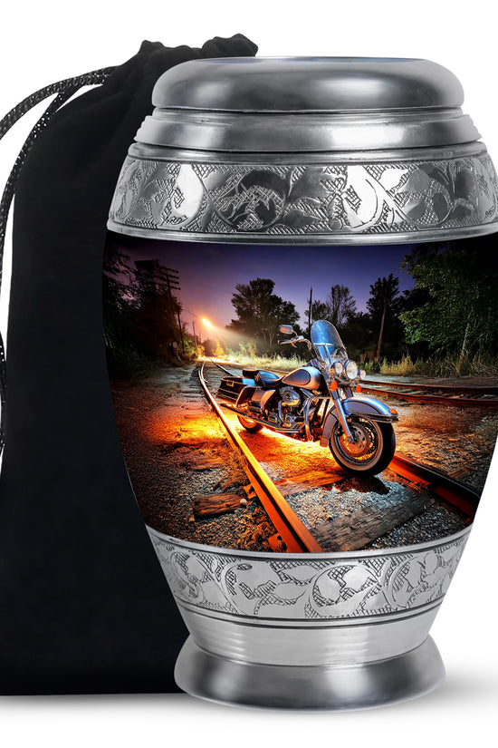 Royal Blue Bike Cremation Urn back view with polished surface - majestic bike pattern with filigree border - full-size 10 inch 200 cubic inch adult cremation urn