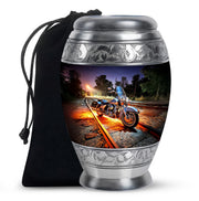 Royal Blue Bike Cremation Urn back view with polished surface - majestic bike pattern with filigree border - full-size 10 inch 200 cubic inch adult cremation urn