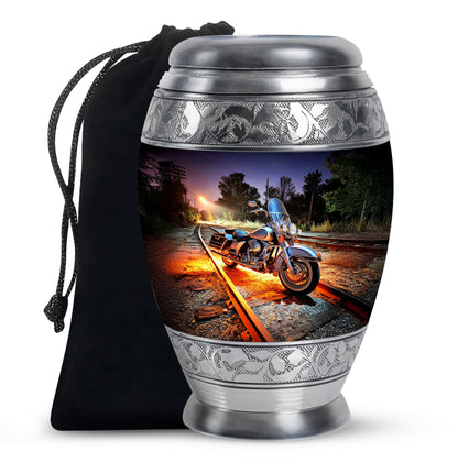 Royal Blue Bike Cremation Urn back view with polished surface - majestic bike pattern with filigree border - full-size 10 inch 200 cubic inch adult cremation urn