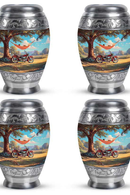 Soft Teal Bike Cremation Urn urn with complimentary velvet bag - regal bike design with crown-inspired accents - 10 inch aluminum urn for cremated remains