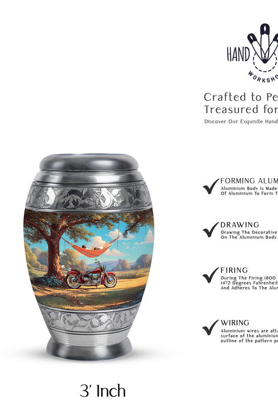Aqua Teal Bike Cremation Urn lifestyle display on memorial shelf - majestic bike pattern with filigree border - mini keepsake memorial for portion of cremation ashes