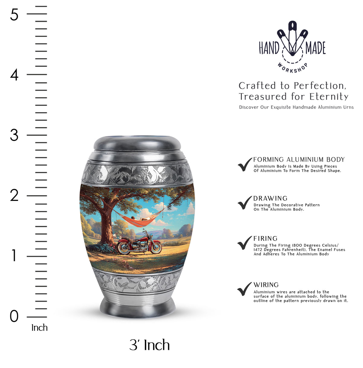 Aqua Teal Bike Cremation Urn lifestyle display on memorial shelf - majestic bike pattern with filigree border - mini keepsake memorial for portion of cremation ashes