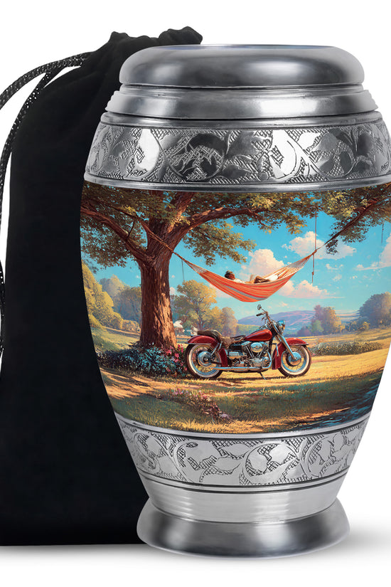 Tropical Teal Bike Cremation Urn back view with polished surface - majestic bike pattern with filigree border - full-size 10 inch 200 cubic inch adult cremation urn