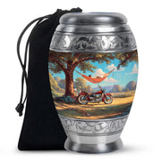 Tropical Teal Bike Cremation Urn back view with polished surface - majestic bike pattern with filigree border - full-size 10 inch 200 cubic inch adult cremation urn