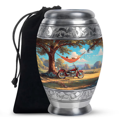 Tropical Teal Bike Cremation Urn back view with polished surface - majestic bike pattern with filigree border - full-size 10 inch 200 cubic inch adult cremation urn