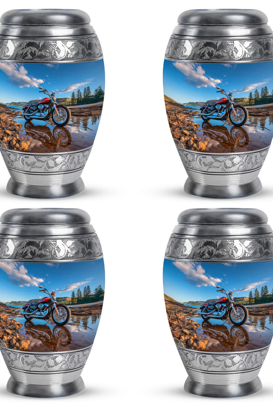 Cobalt Blue Bike Cremation Urn urn with complimentary velvet bag - majestic bike pattern with filigree border - 10 inch aluminum urn for cremated remains