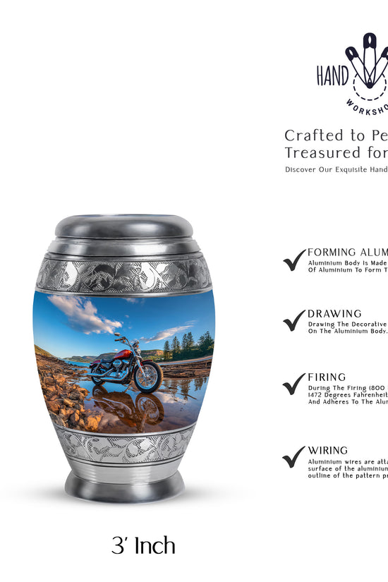 Vivid Blue Bike Cremation Urn lifestyle display on memorial shelf - royal bike engraving with decorative scrollwork - mini keepsake memorial for portion of cremation ashes