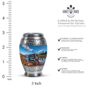Vivid Blue Bike Cremation Urn lifestyle display on memorial shelf - royal bike engraving with decorative scrollwork - mini keepsake memorial for portion of cremation ashes