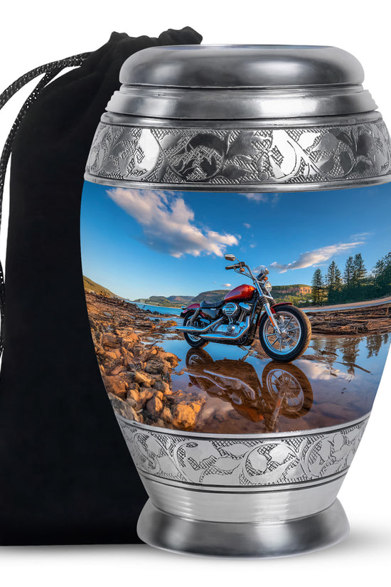 Misty Blue Bike Cremation Urn back view with polished surface - regal bike design with crown-inspired accents - full-size 10 inch 200 cubic inch adult cremation urn