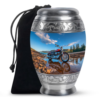 Misty Blue Bike Cremation Urn back view with polished surface - regal bike design with crown-inspired accents - full-size 10 inch 200 cubic inch adult cremation urn