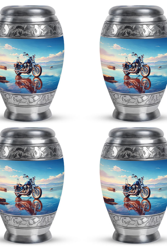 Sapphire Blue Bike Cremation Urn urn with complimentary velvet bag - royal bike engraving with decorative scrollwork - 10 inch aluminum urn for cremated remains
