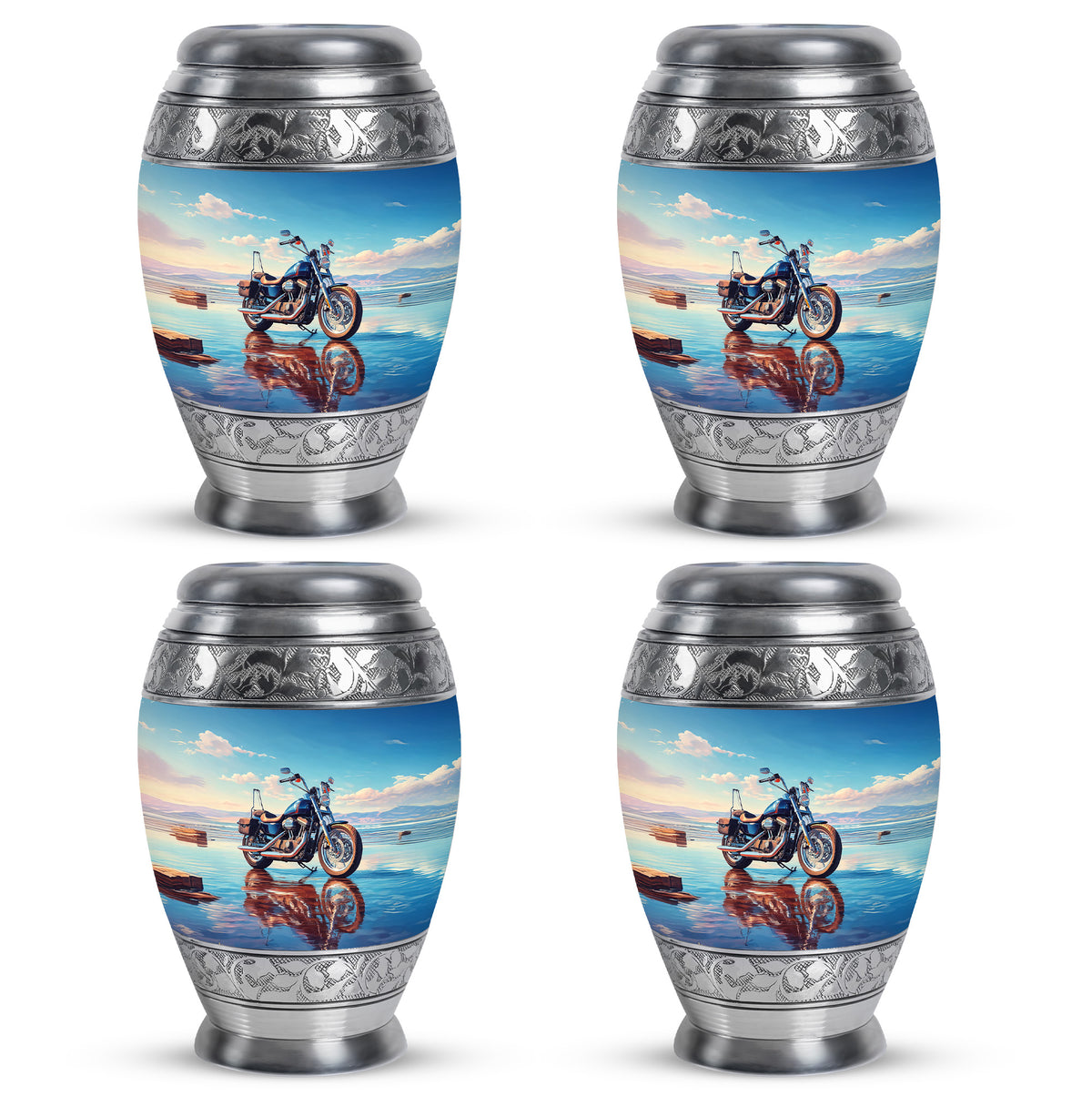 Sapphire Blue Bike Cremation Urn urn with complimentary velvet bag - royal bike engraving with decorative scrollwork - 10 inch aluminum urn for cremated remains