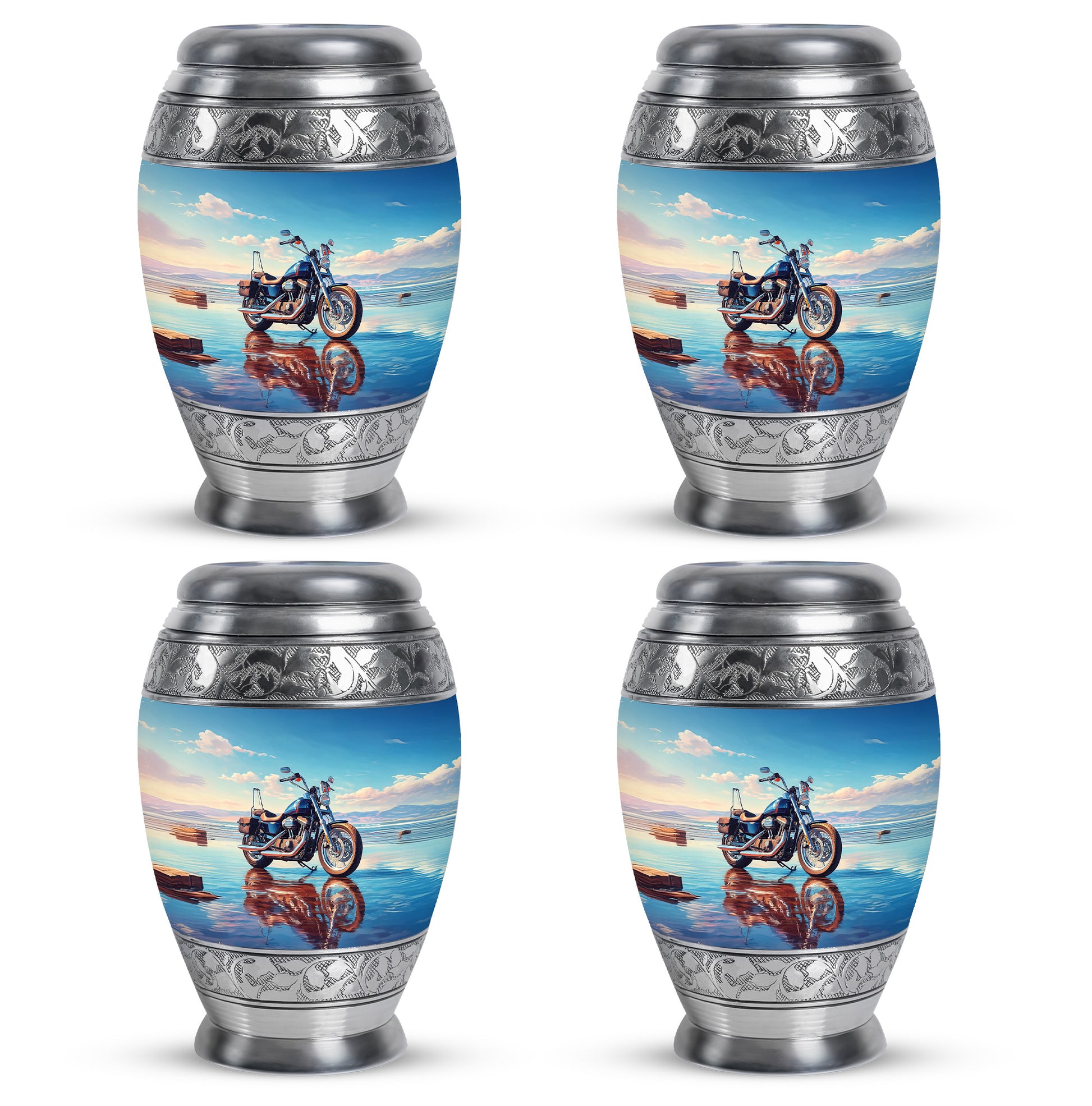 Sapphire Blue Bike Cremation Urn urn with complimentary velvet bag - royal bike engraving with decorative scrollwork - 10 inch aluminum urn for cremated remains