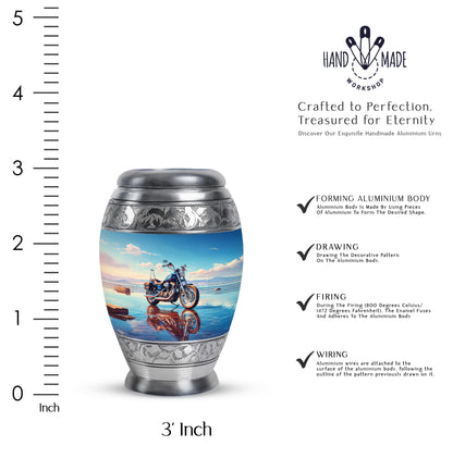 Powder Blue Bike Cremation Urn lifestyle display on memorial shelf - ornate monarch-style bike relief on brushed aluminum - mini keepsake memorial for portion of cremation ashes