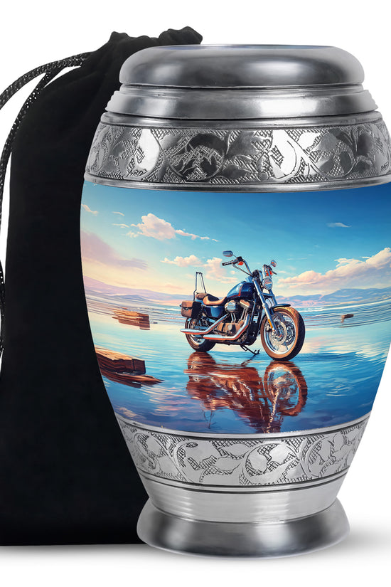 Azure Bike Cremation Urn back view with polished surface - ornate monarch-style bike relief on brushed aluminum - full-size 10 inch 200 cubic inch adult cremation urn