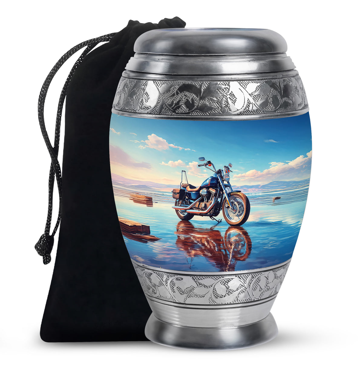 Azure Bike Cremation Urn back view with polished surface - ornate monarch-style bike relief on brushed aluminum - full-size 10 inch 200 cubic inch adult cremation urn
