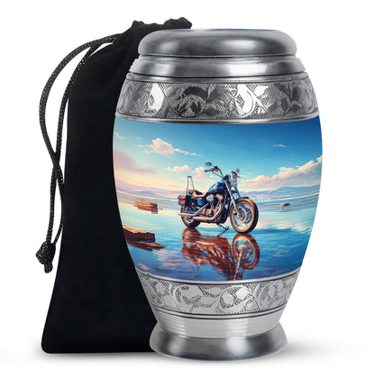 Azure Bike Cremation Urn back view with polished surface - ornate monarch-style bike relief on brushed aluminum - full-size 10 inch 200 cubic inch adult cremation urn