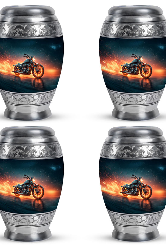Cobalt Blue Bike Cremation Urn urn with complimentary velvet bag - royal bike engraving with decorative scrollwork - 10 inch aluminum urn for cremated remains
