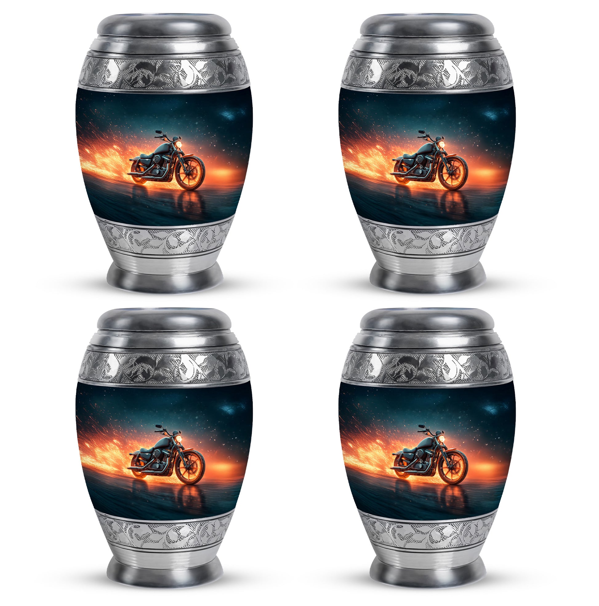 Cobalt Blue Bike Cremation Urn urn with complimentary velvet bag - royal bike engraving with decorative scrollwork - 10 inch aluminum urn for cremated remains