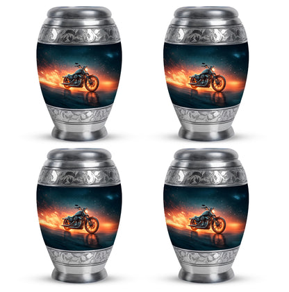 Cobalt Blue Bike Cremation Urn urn with complimentary velvet bag - royal bike engraving with decorative scrollwork - 10 inch aluminum urn for cremated remains