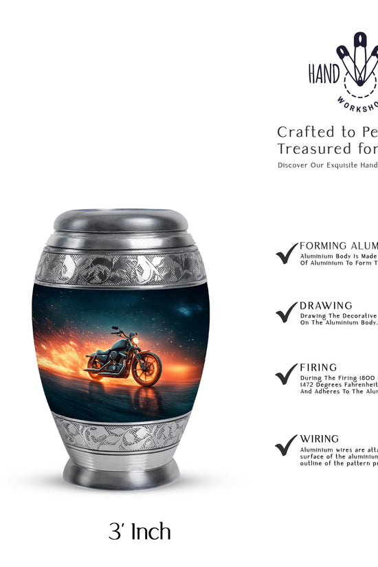 Bright Blue Bike Cremation Urn lifestyle display on memorial shelf - royal bike engraving with decorative scrollwork - mini keepsake memorial for portion of cremation ashes