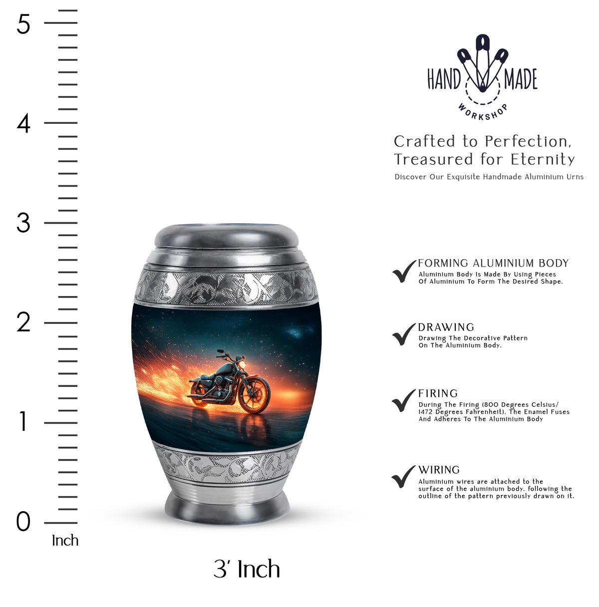 Bright Blue Bike Cremation Urn lifestyle display on memorial shelf - royal bike engraving with decorative scrollwork - mini keepsake memorial for portion of cremation ashes