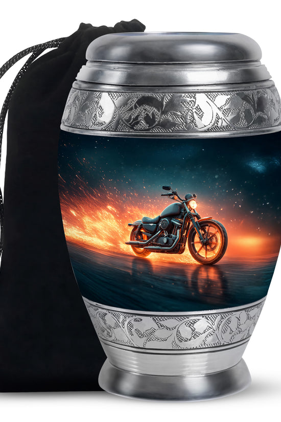 Dusty Blue Bike Cremation Urn back view with polished surface - regal bike design with crown-inspired accents - full-size 10 inch 200 cubic inch adult cremation urn
