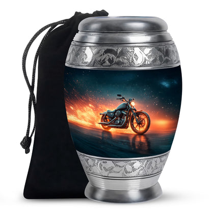 Dusty Blue Bike Cremation Urn back view with polished surface - regal bike design with crown-inspired accents - full-size 10 inch 200 cubic inch adult cremation urn
