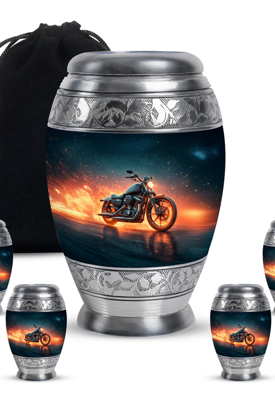 Sky Blue Bike Cremation Urn detail view - ornate monarch-style bike relief on brushed aluminum - memorial set with one large and four small urns